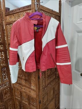 Shebang Y2K Women Genuine Leather Moto Jacket Red White Colorblock Size L